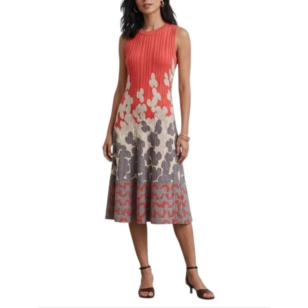 NIC+ZOE Posie Twirl Dress Medium Floral A Line Knit Midi Red/Coral, Tan, Gray